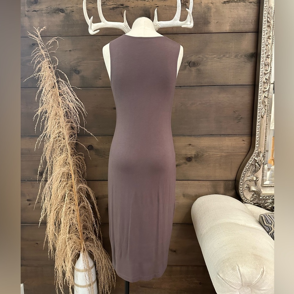 Mocha brown fitted solid knit sleeveless bodycon dress - Picture 3 of 3